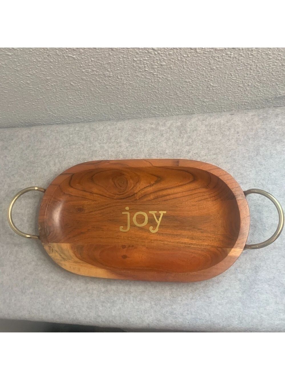 Acacia Holiday Christmas Wood JOY Serving Tray w Brass Handles Threshold 18x8.